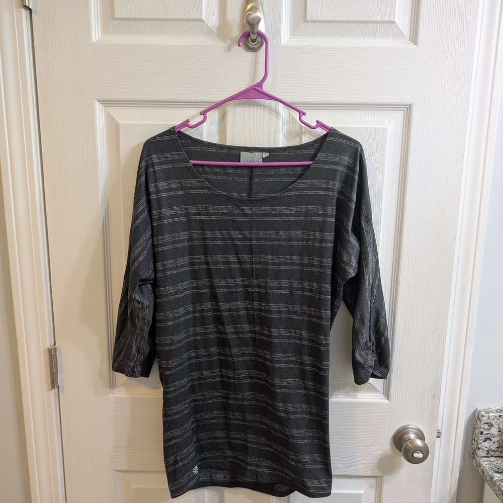 Athleta Dory Dolman Shimmer Stripe Gray 3/4 Sleeve Tunic Top - Size S